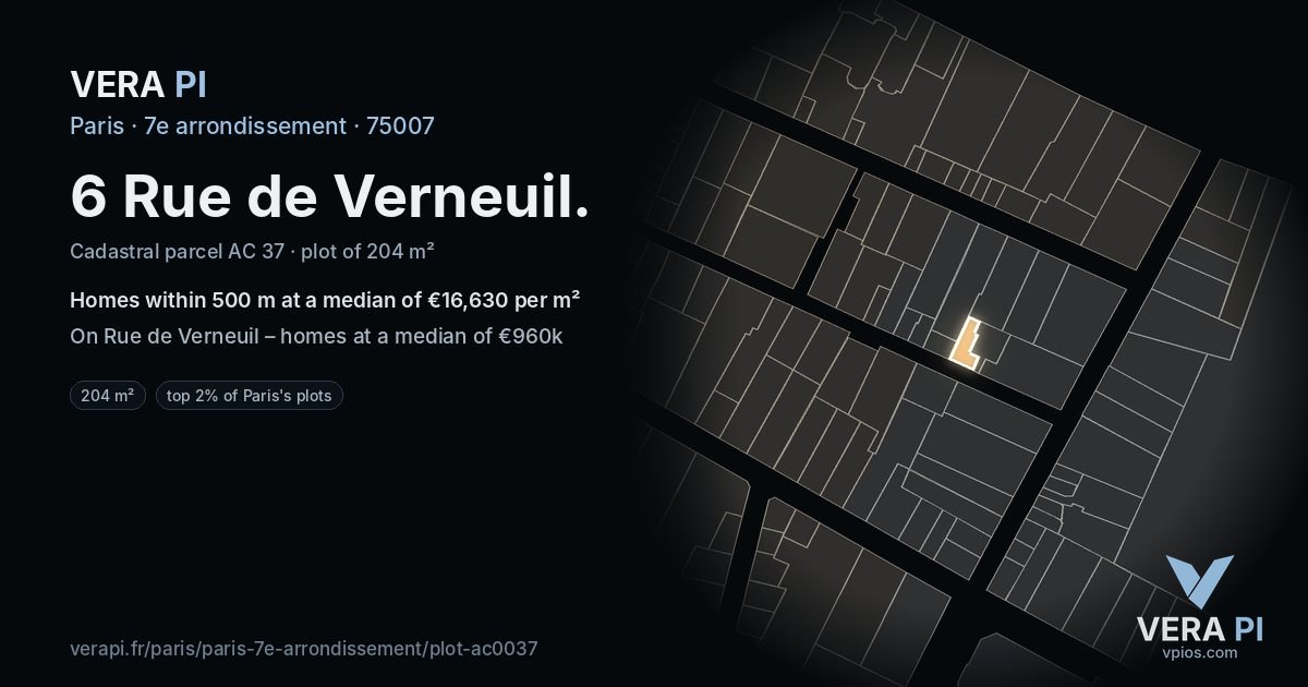 6 Rue de Verneuil, 7e arrondissement at night – the plot lit, the parcels around coloured by the prices near them