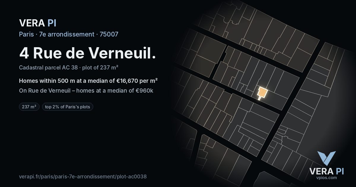 4 Rue de Verneuil, 7e arrondissement at night – the plot lit, the parcels around coloured by the prices near them