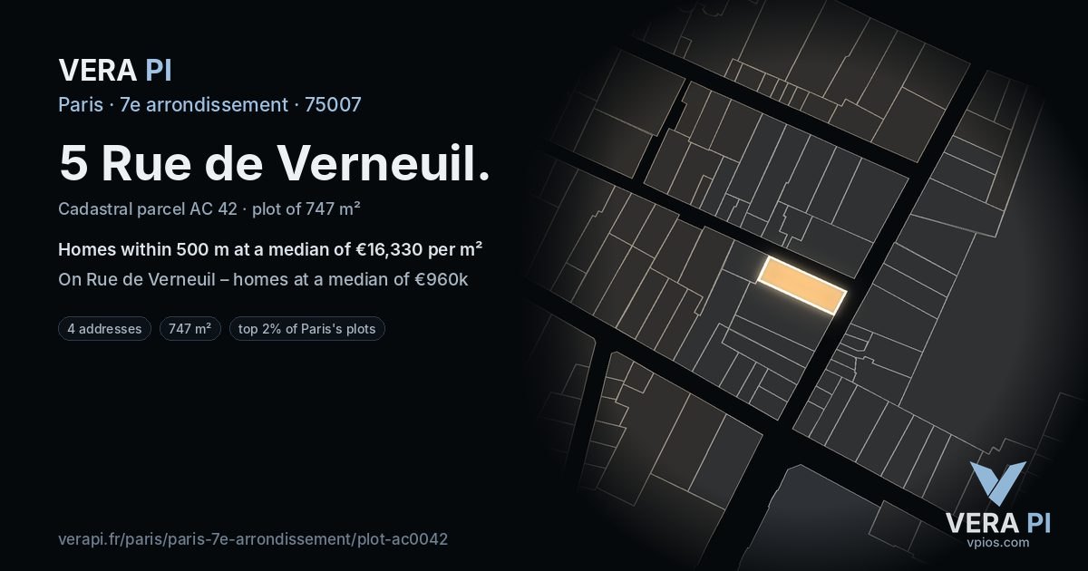 5 Rue de Verneuil, 7e arrondissement at night – the plot lit, the parcels around coloured by the prices near them