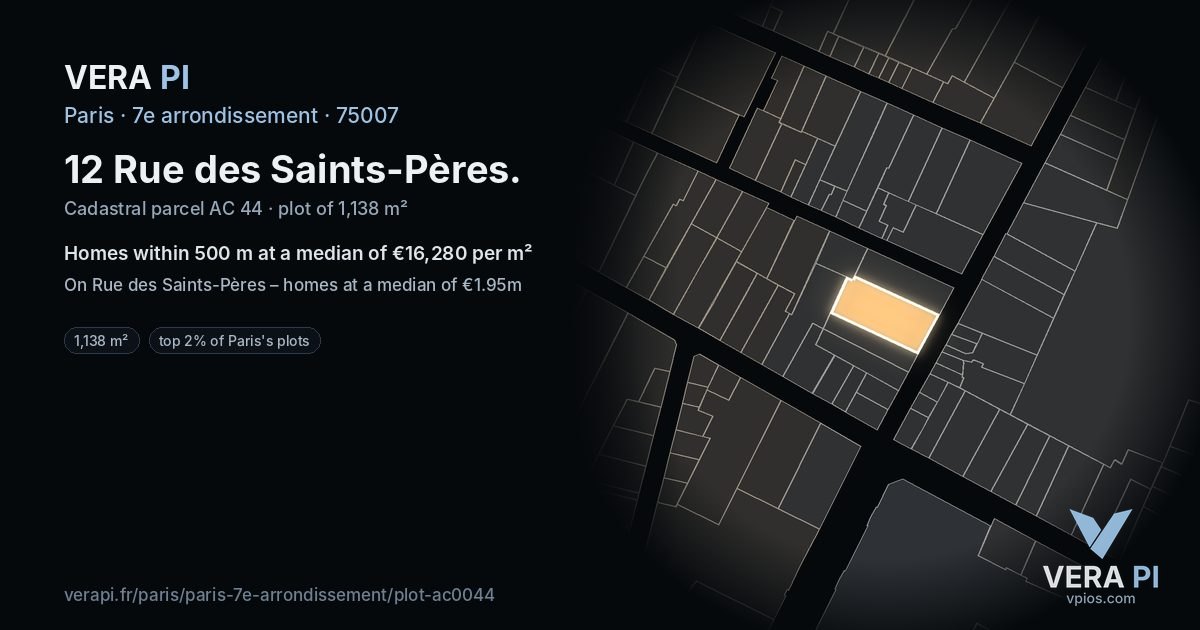 12 Rue des Saints-Pères, 7e arrondissement at night – the plot lit, the parcels around coloured by the prices near them