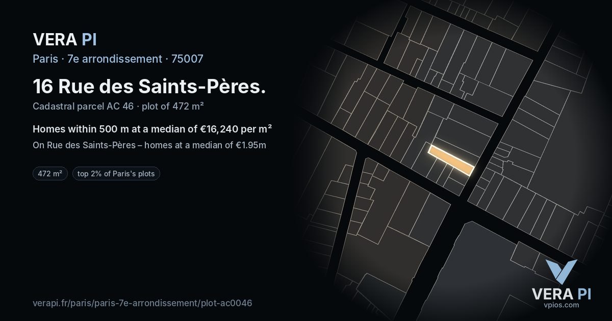 16 Rue des Saints-Pères, 7e arrondissement at night – the plot lit, the parcels around coloured by the prices near them