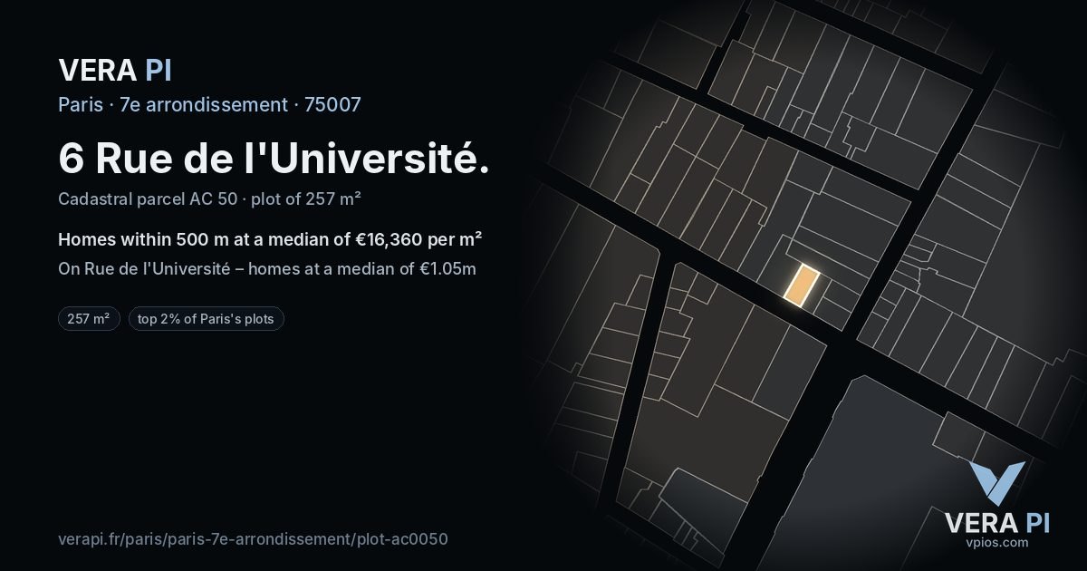 6 Rue de l'Université, 7e arrondissement at night – the plot lit, the parcels around coloured by the prices near them