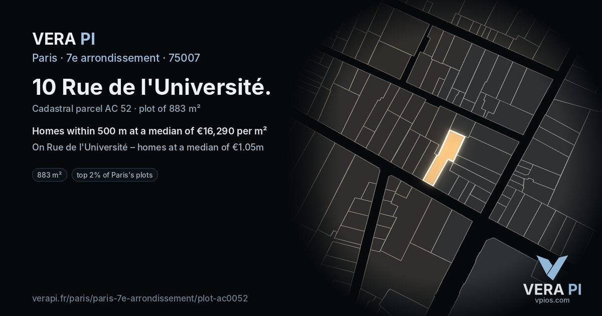 10 Rue de l'Université, 7e arrondissement at night – the plot lit, the parcels around coloured by the prices near them