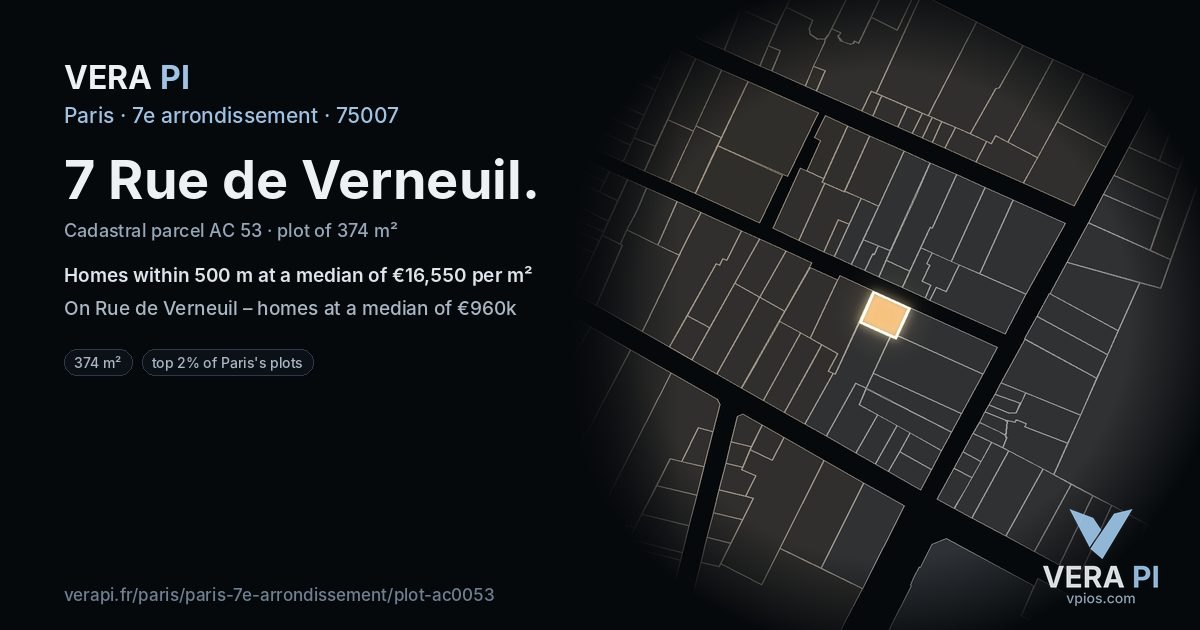 7 Rue de Verneuil, 7e arrondissement at night – the plot lit, the parcels around coloured by the prices near them