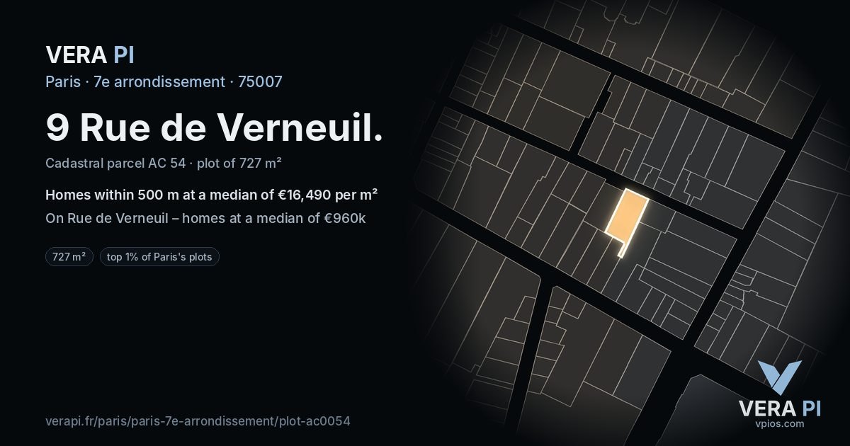 9 Rue de Verneuil, 7e arrondissement at night – the plot lit, the parcels around coloured by the prices near them