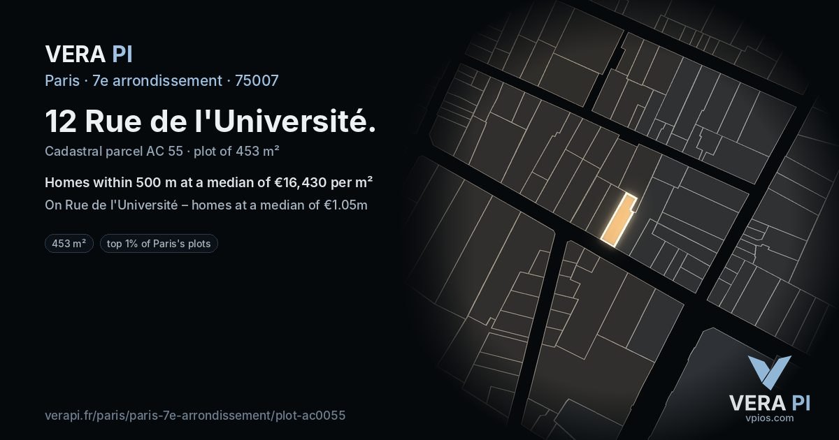 12 Rue de l'Université, 7e arrondissement at night – the plot lit, the parcels around coloured by the prices near them