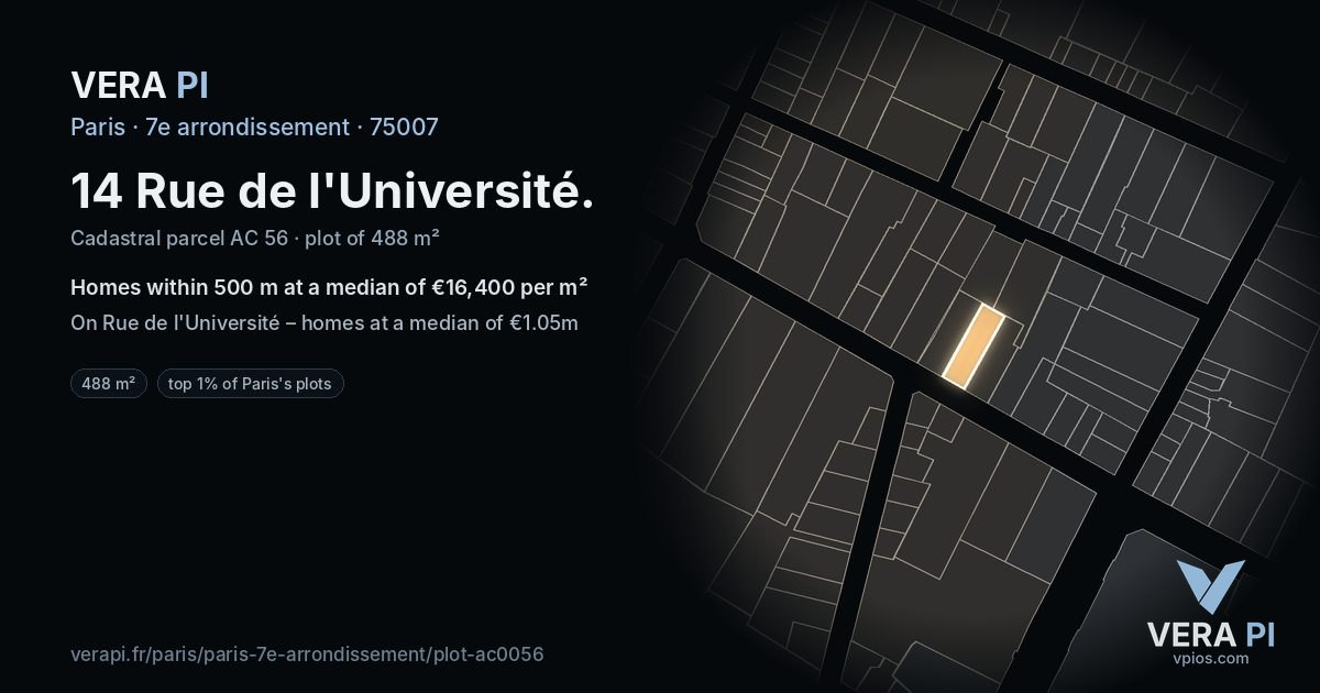 14 Rue de l'Université, 7e arrondissement at night – the plot lit, the parcels around coloured by the prices near them