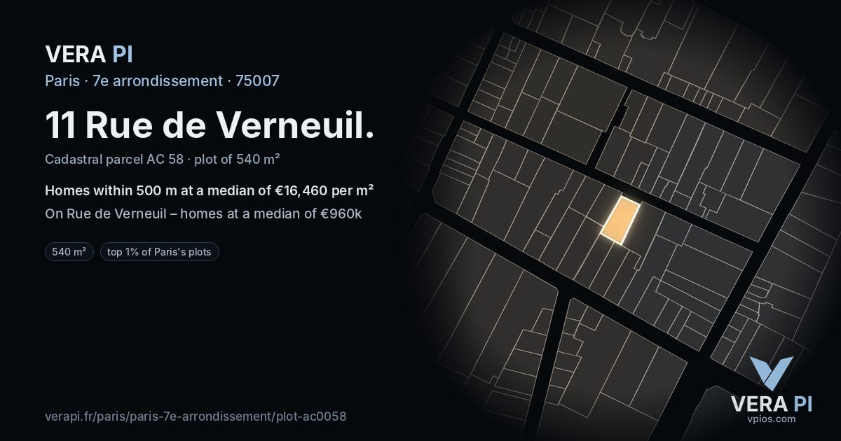 11 Rue de Verneuil, 7e arrondissement at night – the plot lit, the parcels around coloured by the prices near them