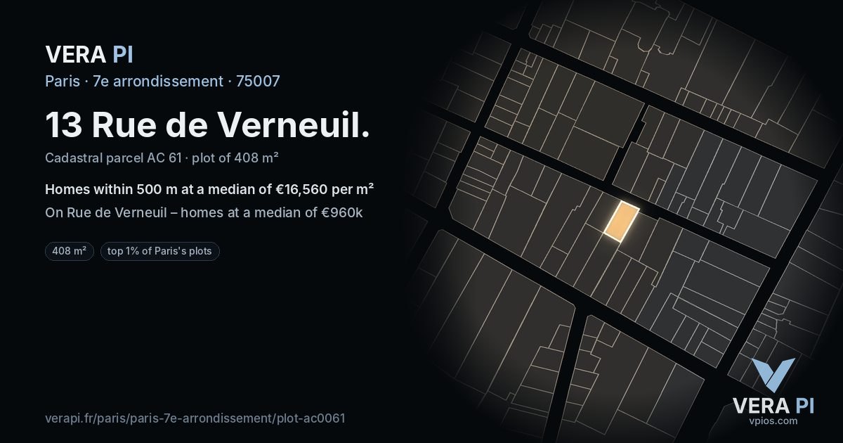 13 Rue de Verneuil, 7e arrondissement at night – the plot lit, the parcels around coloured by the prices near them