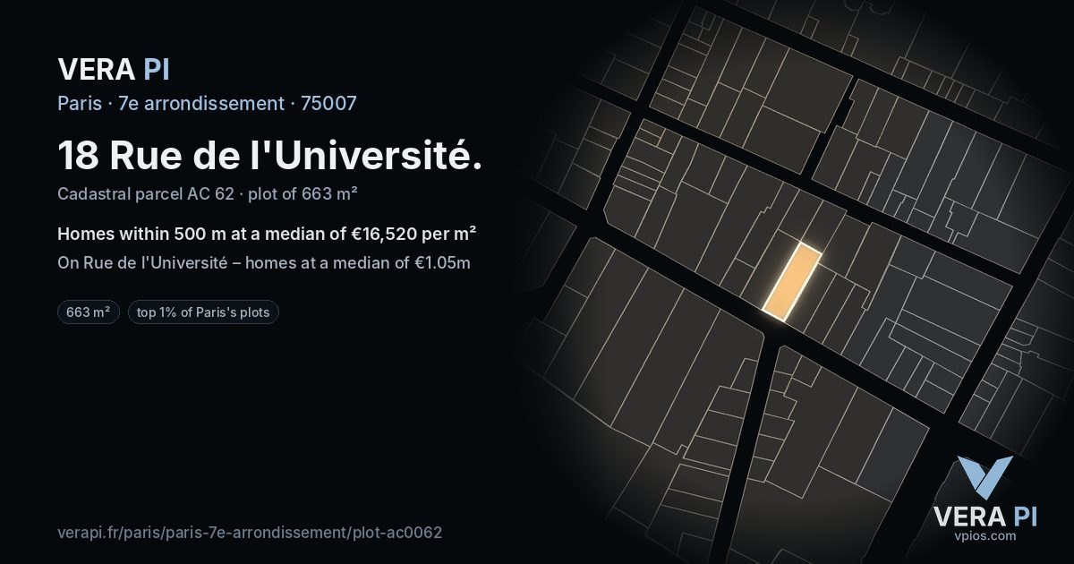 18 Rue de l'Université, 7e arrondissement at night – the plot lit, the parcels around coloured by the prices near them