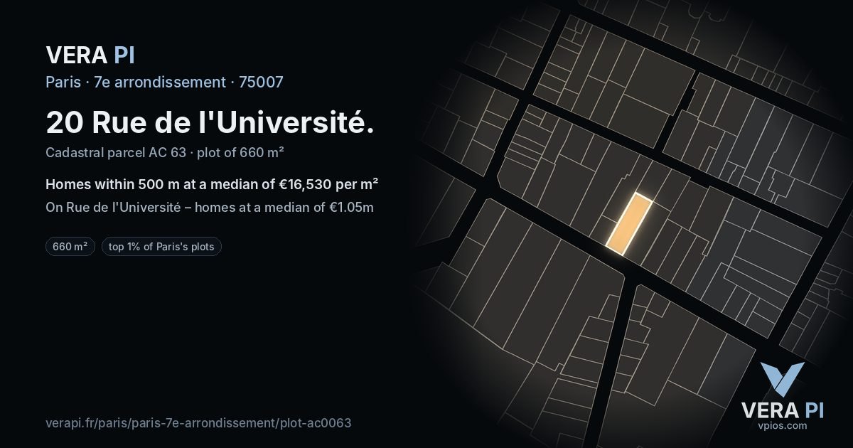 20 Rue de l'Université, 7e arrondissement at night – the plot lit, the parcels around coloured by the prices near them
