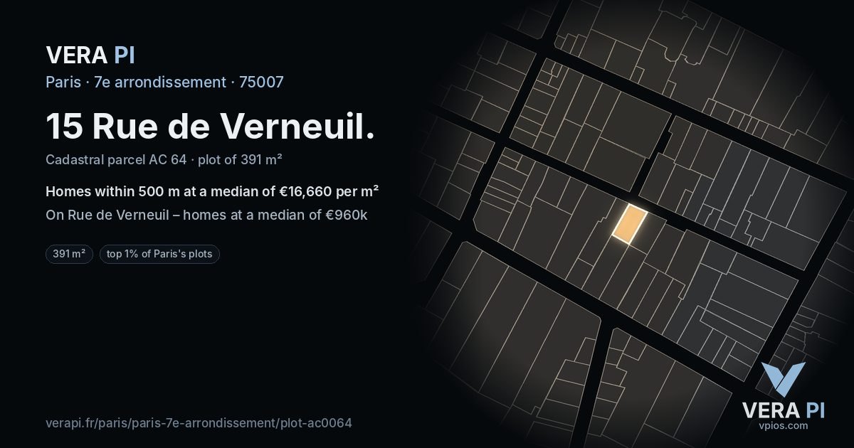 15 Rue de Verneuil, 7e arrondissement at night – the plot lit, the parcels around coloured by the prices near them