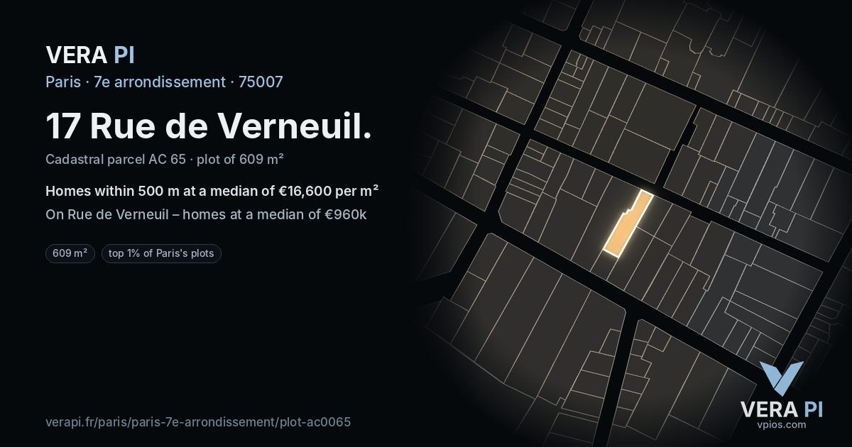 17 Rue de Verneuil, 7e arrondissement at night – the plot lit, the parcels around coloured by the prices near them