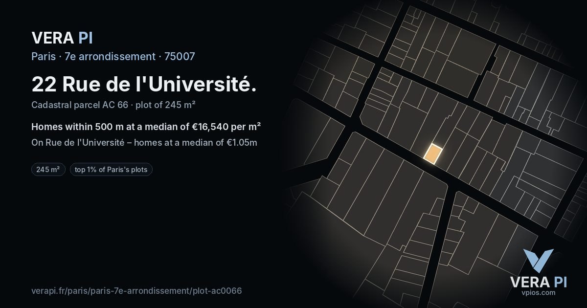 22 Rue de l'Université, 7e arrondissement at night – the plot lit, the parcels around coloured by the prices near them
