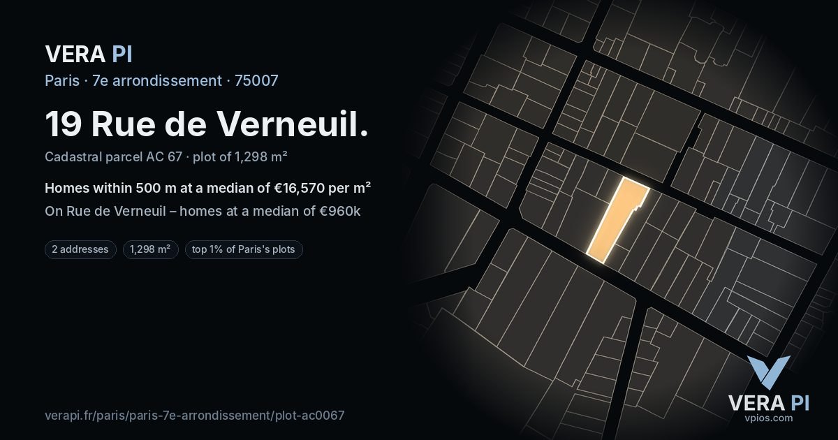 19 Rue de Verneuil, 7e arrondissement at night – the plot lit, the parcels around coloured by the prices near them