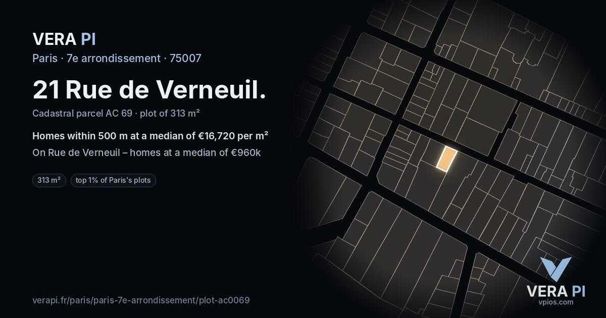 21 Rue de Verneuil, 7e arrondissement at night – the plot lit, the parcels around coloured by the prices near them