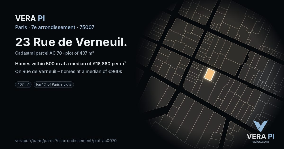 23 Rue de Verneuil, 7e arrondissement at night – the plot lit, the parcels around coloured by the prices near them
