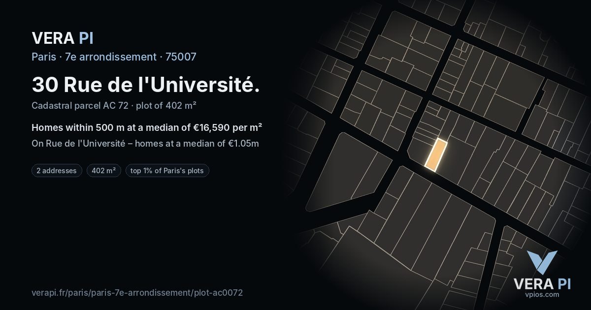 30 Rue de l'Université, 7e arrondissement at night – the plot lit, the parcels around coloured by the prices near them