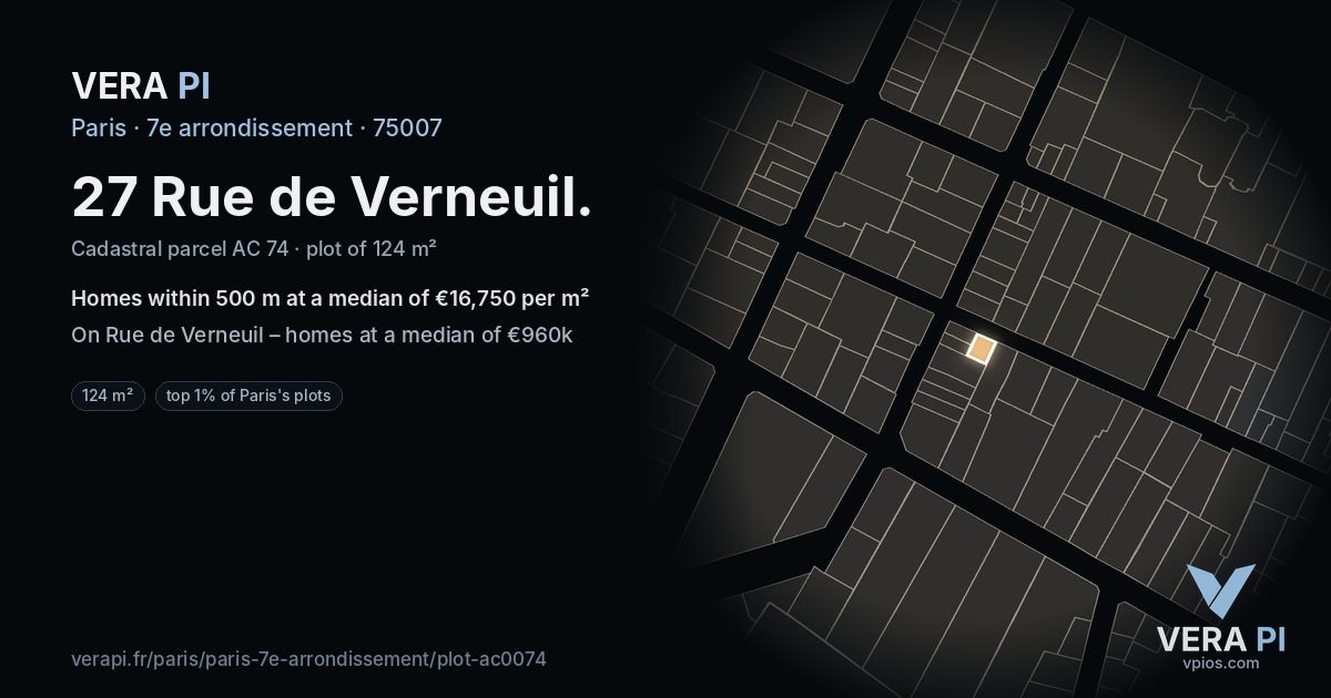 27 Rue de Verneuil, 7e arrondissement at night – the plot lit, the parcels around coloured by the prices near them