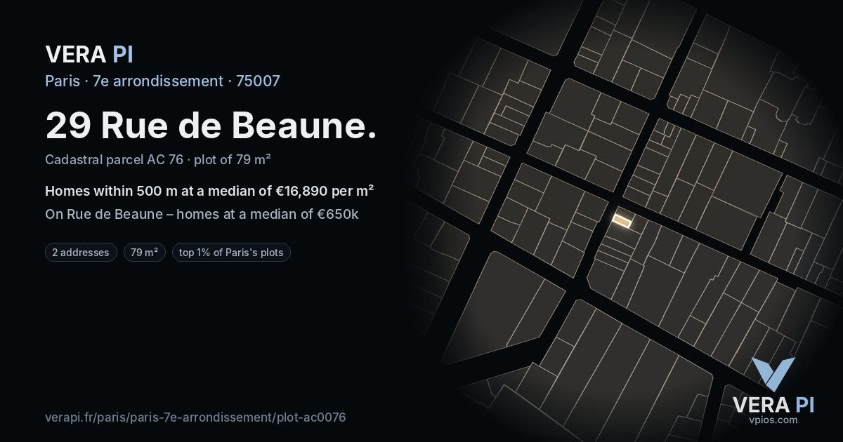 29 Rue de Beaune, 7e arrondissement at night – the plot lit, the parcels around coloured by the prices near them