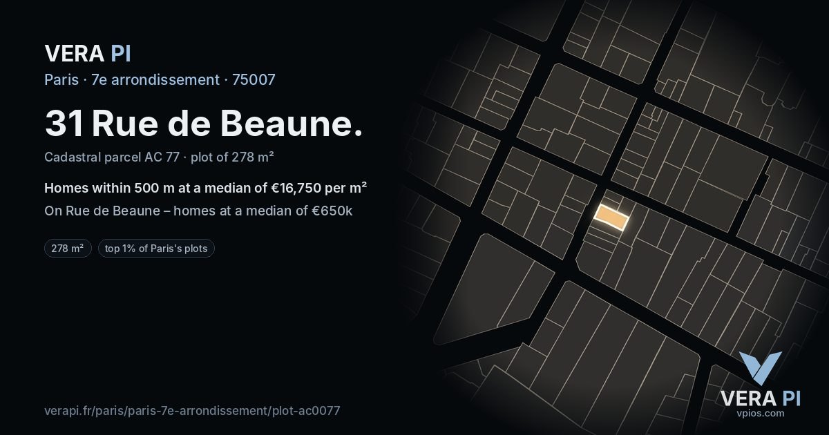 31 Rue de Beaune, 7e arrondissement at night – the plot lit, the parcels around coloured by the prices near them