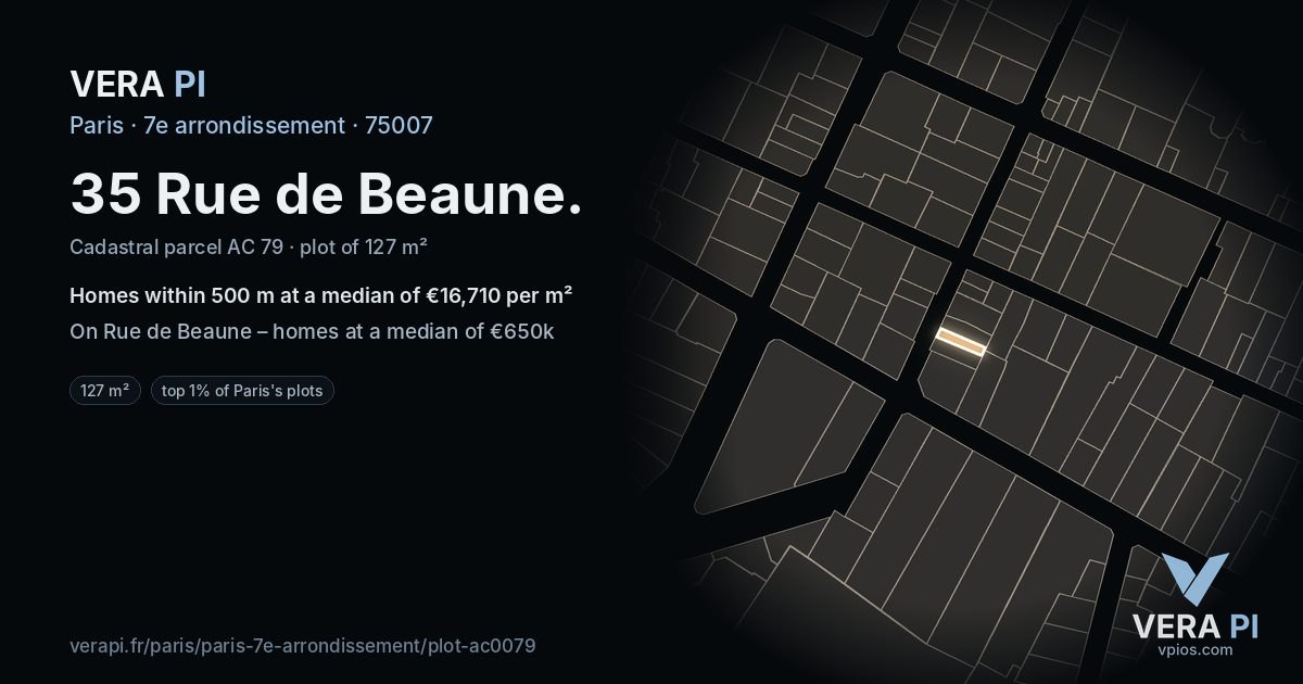 35 Rue de Beaune, 7e arrondissement at night – the plot lit, the parcels around coloured by the prices near them