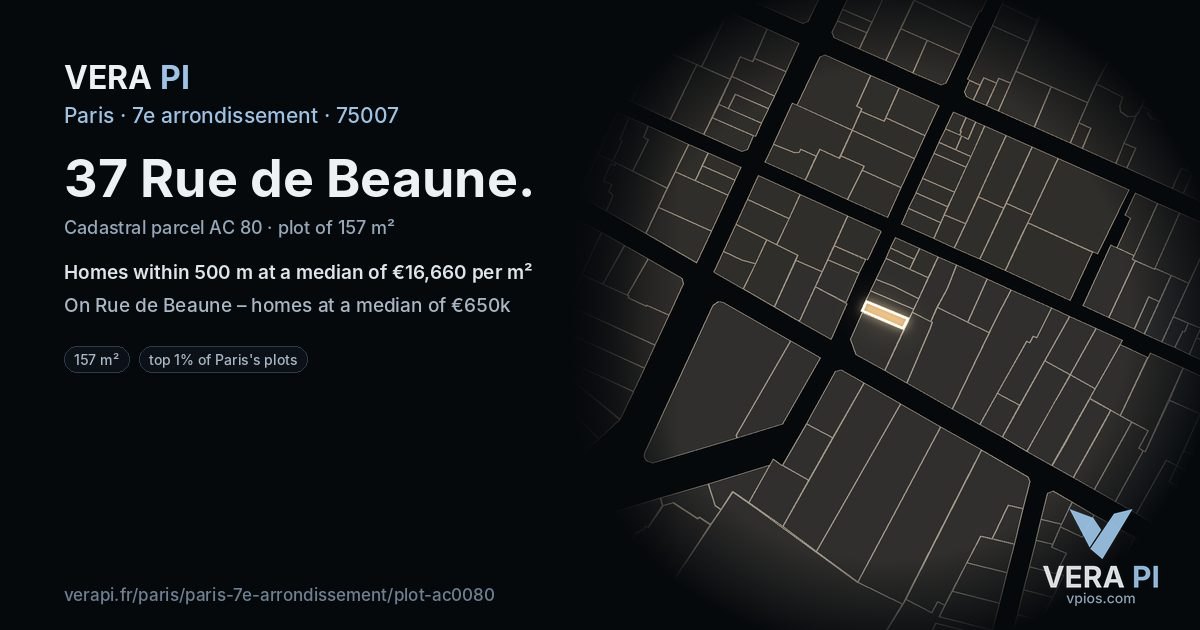 37 Rue de Beaune, 7e arrondissement at night – the plot lit, the parcels around coloured by the prices near them