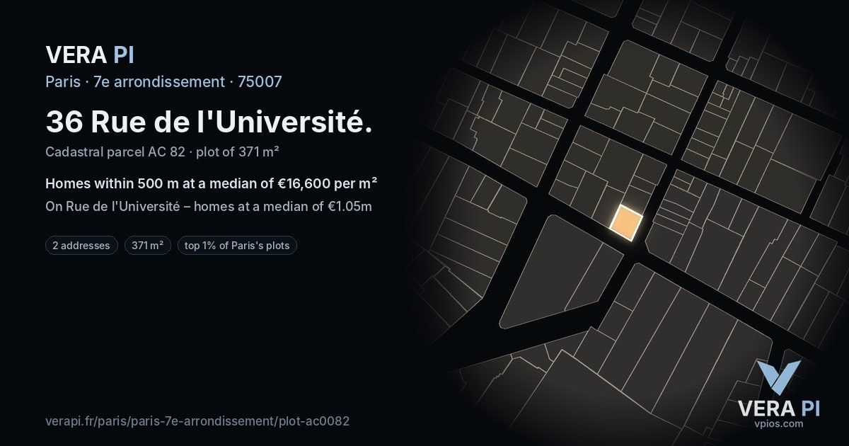36 Rue de l'Université, 7e arrondissement at night – the plot lit, the parcels around coloured by the prices near them