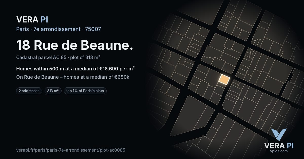 18 Rue de Beaune, 7e arrondissement at night – the plot lit, the parcels around coloured by the prices near them
