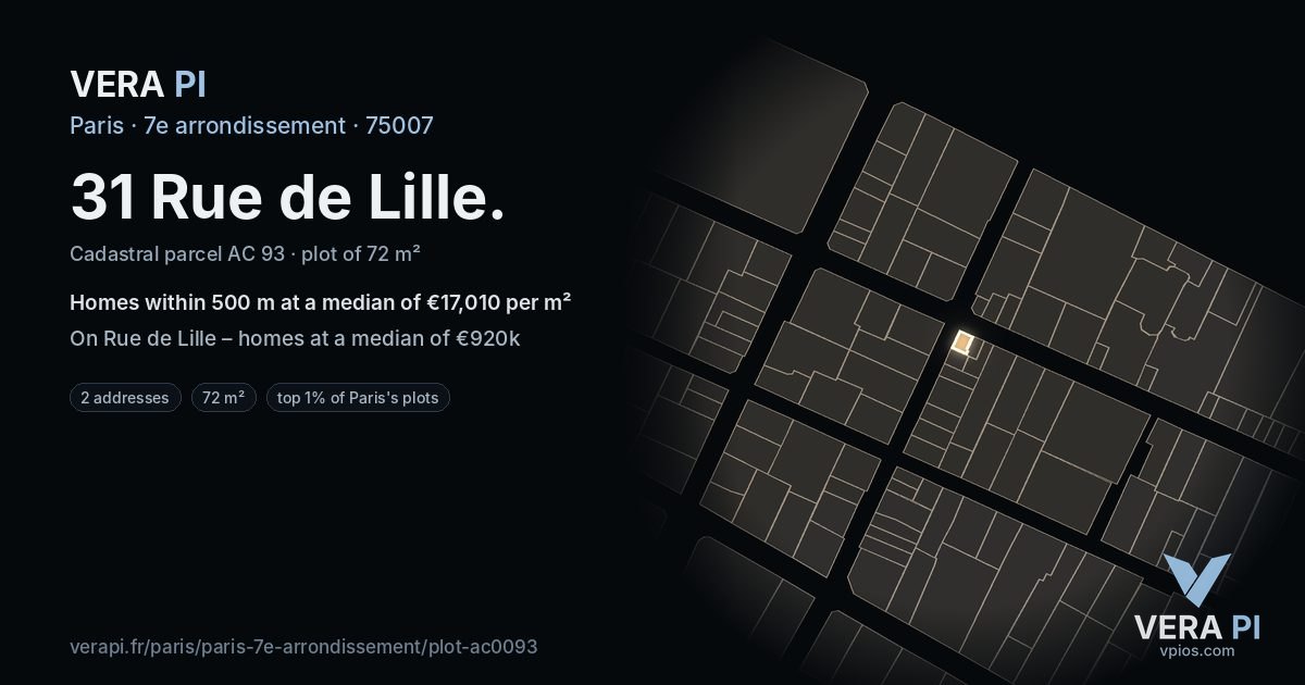 31 Rue de Lille, 7e arrondissement at night – the plot lit, the parcels around coloured by the prices near them