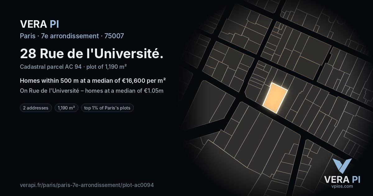 28 Rue de l'Université, 7e arrondissement at night – the plot lit, the parcels around coloured by the prices near them