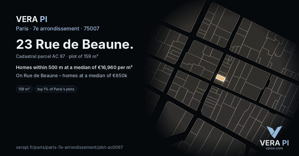 23 Rue de Beaune, 7e arrondissement at night – the plot lit, the parcels around coloured by the prices near them