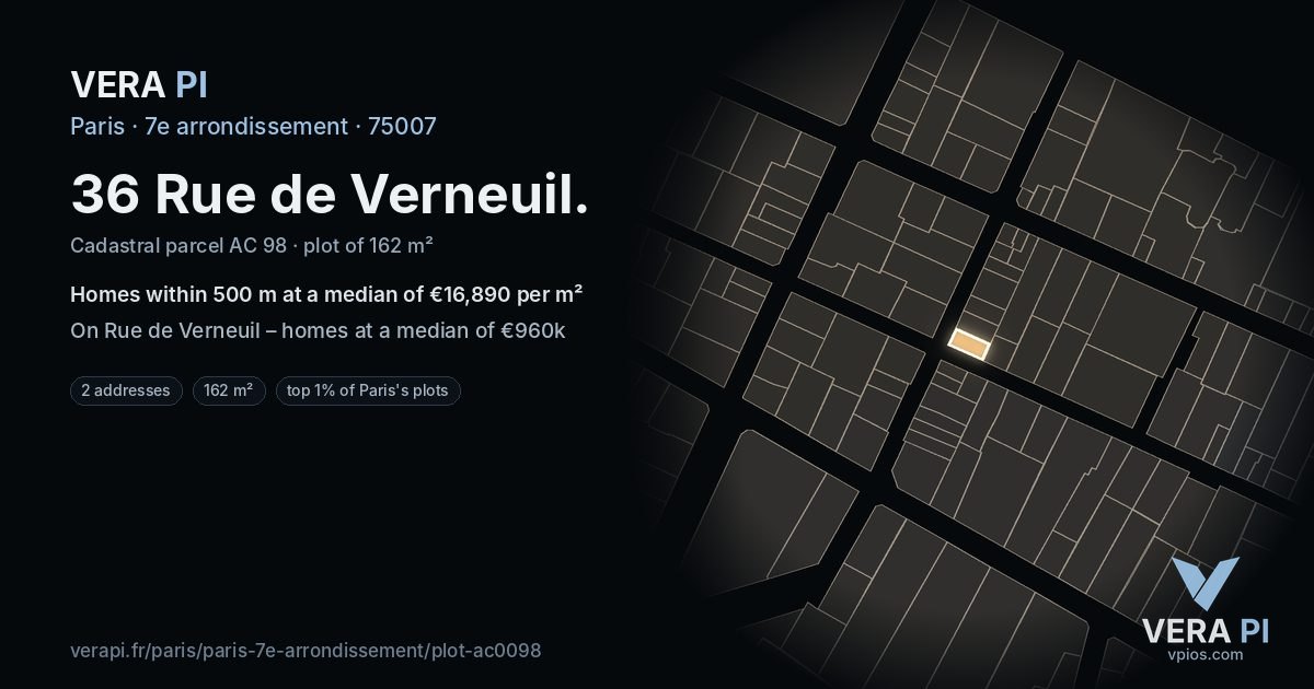36 Rue de Verneuil, 7e arrondissement at night – the plot lit, the parcels around coloured by the prices near them