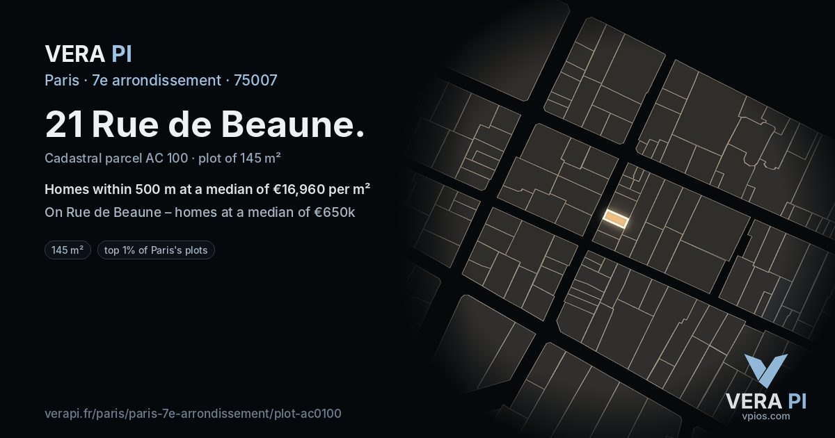 21 Rue de Beaune, 7e arrondissement at night – the plot lit, the parcels around coloured by the prices near them