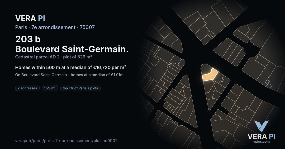 203 b Boulevard Saint-Germain, 7e arrondissement at night – the plot lit, the parcels around coloured by the prices near them
