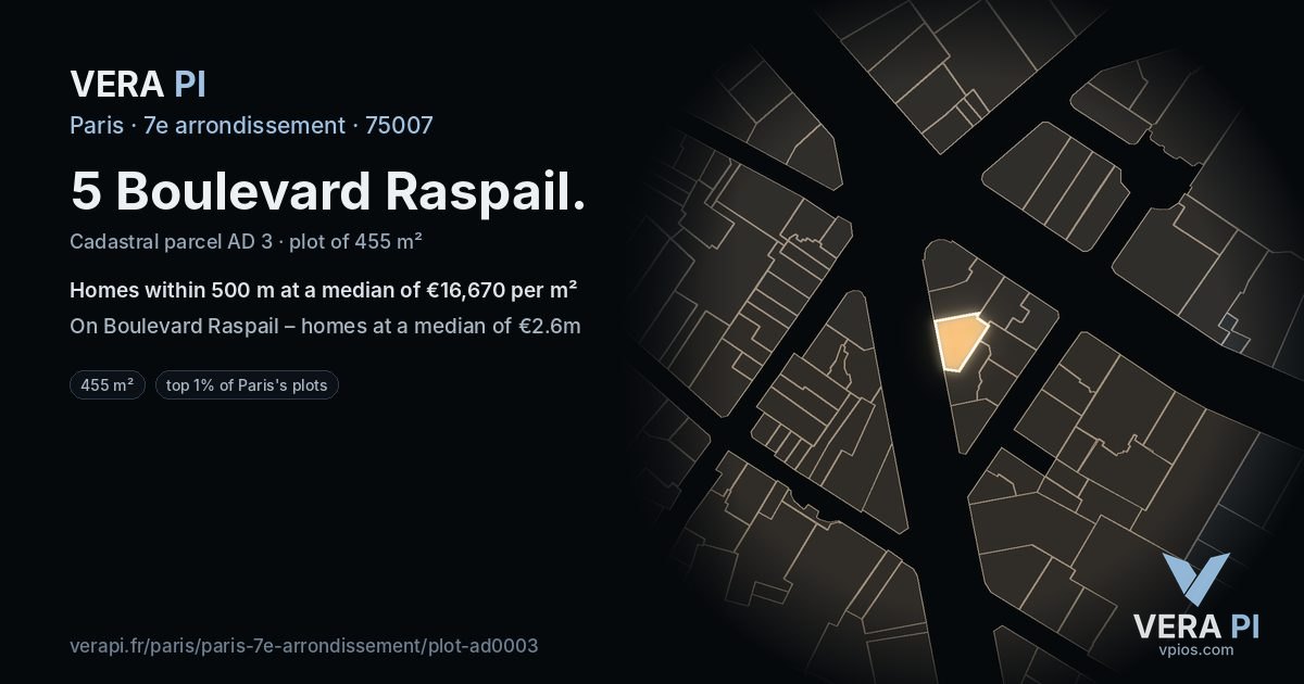 5 Boulevard Raspail, 7e arrondissement at night – the plot lit, the parcels around coloured by the prices near them