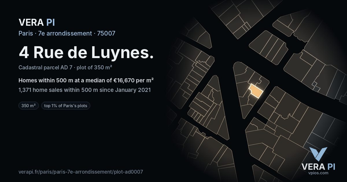 4 Rue de Luynes, 7e arrondissement at night – the plot lit, the parcels around coloured by the prices near them