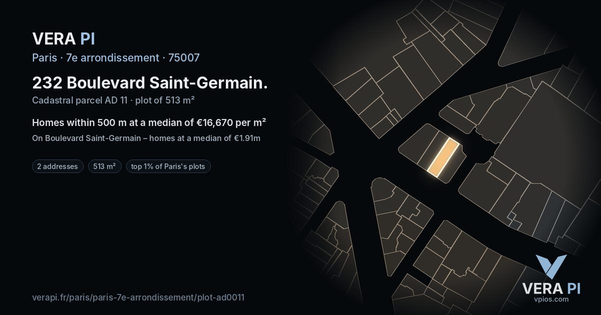232 Boulevard Saint-Germain, 7e arrondissement at night – the plot lit, the parcels around coloured by the prices near them