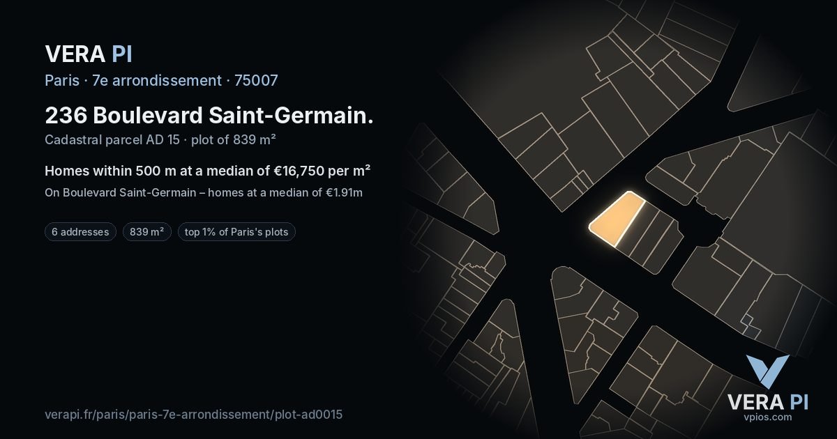 236 Boulevard Saint-Germain, 7e arrondissement at night – the plot lit, the parcels around coloured by the prices near them