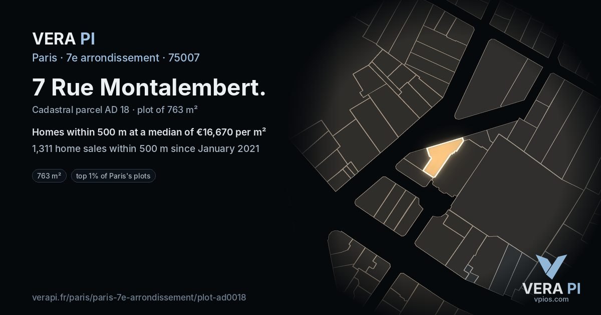 7 Rue Montalembert, 7e arrondissement at night – the plot lit, the parcels around coloured by the prices near them