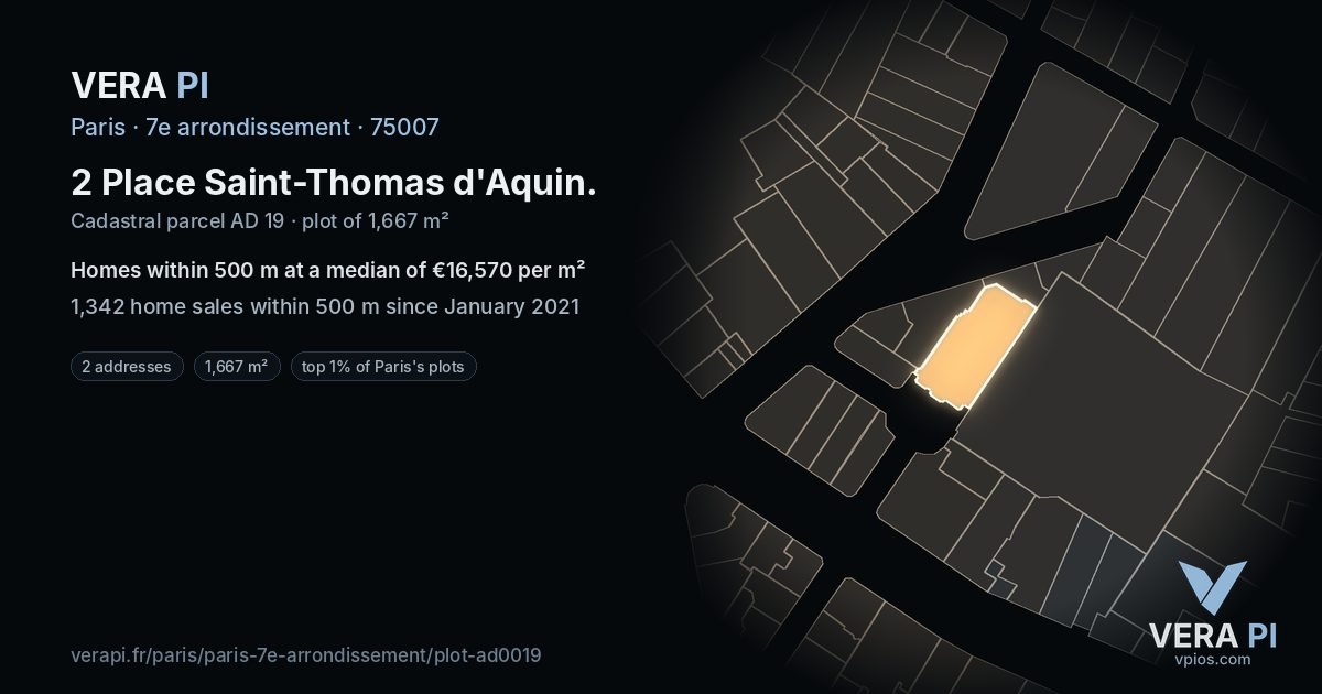 2 Place Saint-Thomas d'Aquin, 7e arrondissement at night – the plot lit, the parcels around coloured by the prices near them