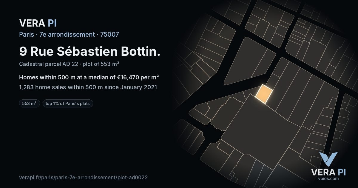9 Rue Sébastien Bottin, 7e arrondissement at night – the plot lit, the parcels around coloured by the prices near them