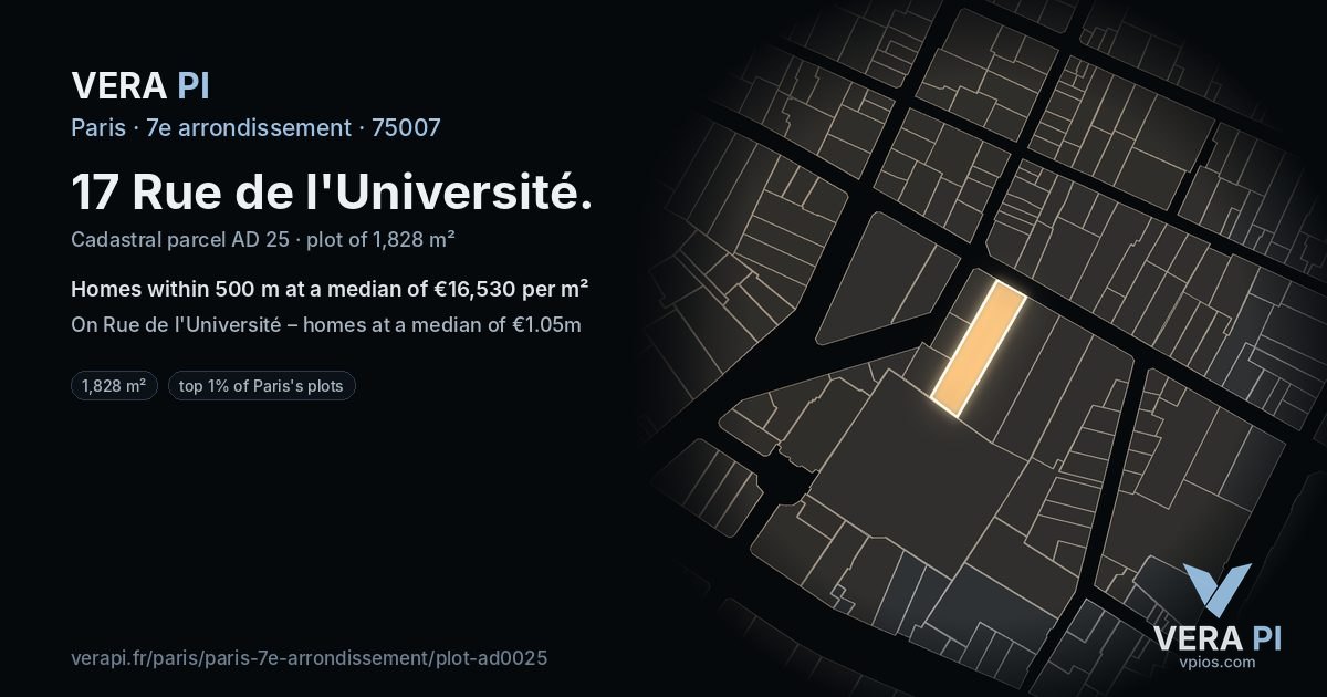 17 Rue de l'Université, 7e arrondissement at night – the plot lit, the parcels around coloured by the prices near them