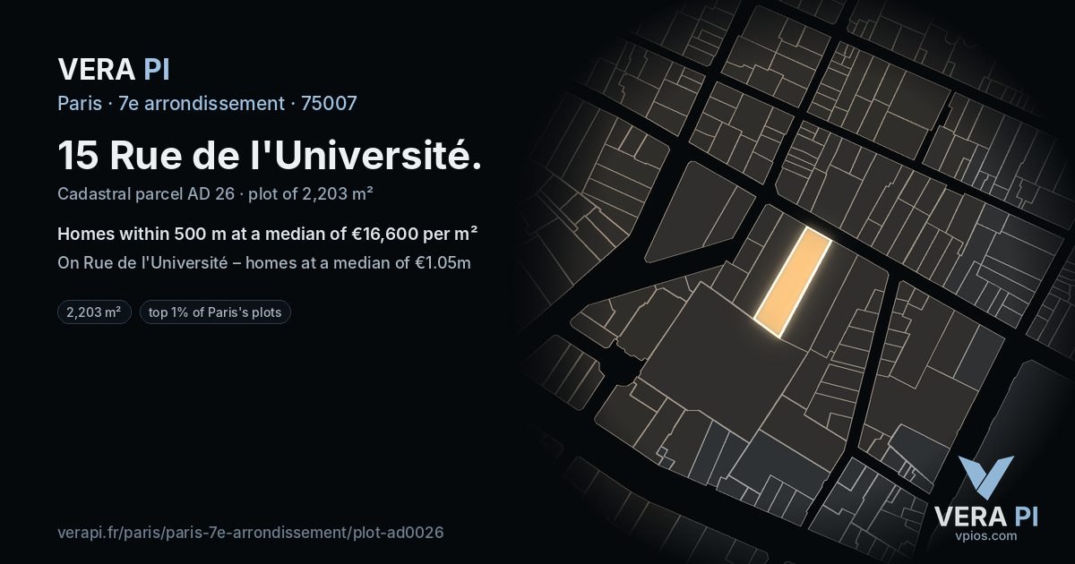 15 Rue de l'Université, 7e arrondissement at night – the plot lit, the parcels around coloured by the prices near them