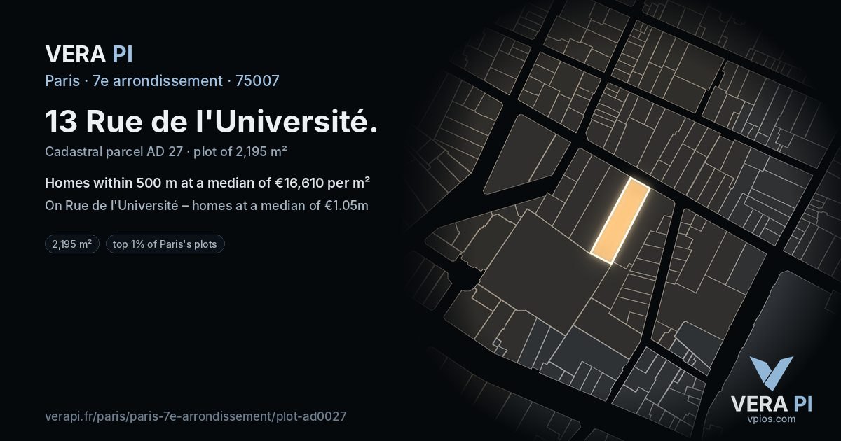 13 Rue de l'Université, 7e arrondissement at night – the plot lit, the parcels around coloured by the prices near them