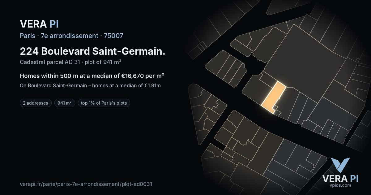 224 Boulevard Saint-Germain, 7e arrondissement at night – the plot lit, the parcels around coloured by the prices near them
