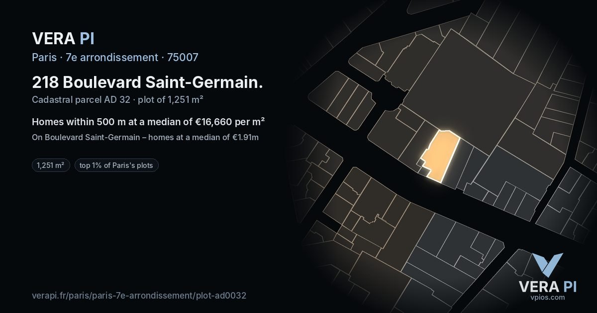 218 Boulevard Saint-Germain, 7e arrondissement at night – the plot lit, the parcels around coloured by the prices near them