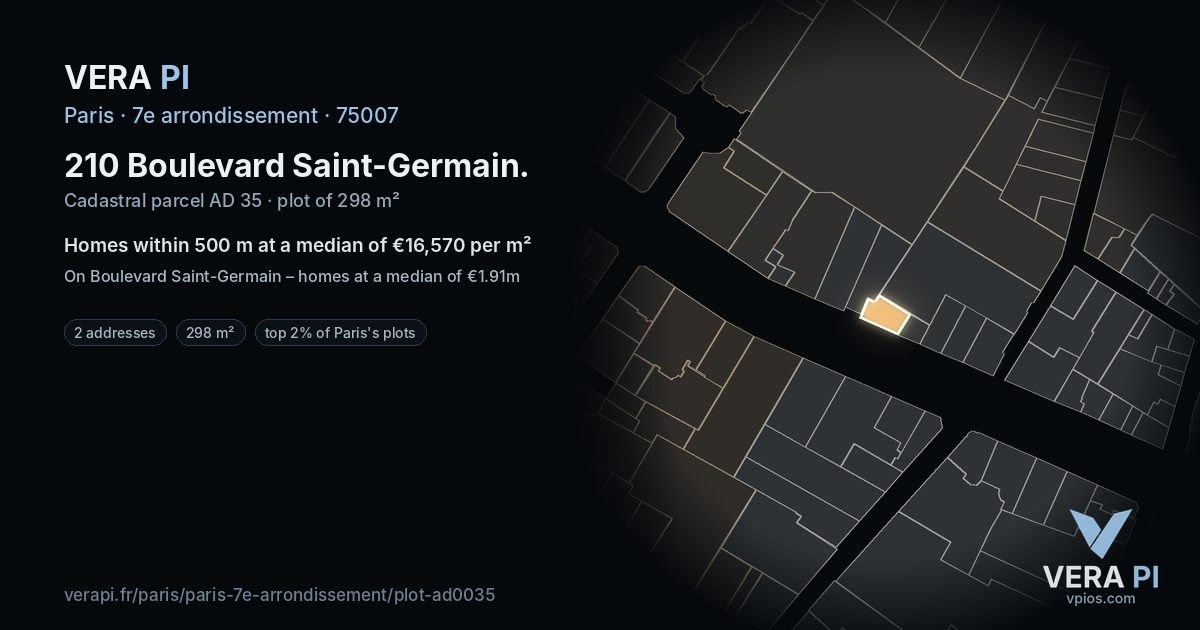 210 Boulevard Saint-Germain, 7e arrondissement at night – the plot lit, the parcels around coloured by the prices near them