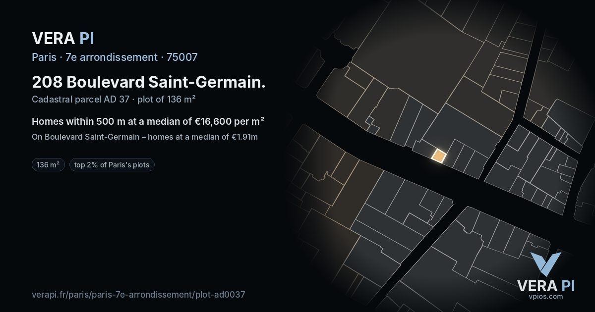 208 Boulevard Saint-Germain, 7e arrondissement at night – the plot lit, the parcels around coloured by the prices near them