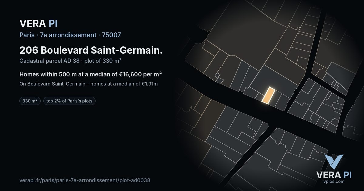 206 Boulevard Saint-Germain, 7e arrondissement at night – the plot lit, the parcels around coloured by the prices near them